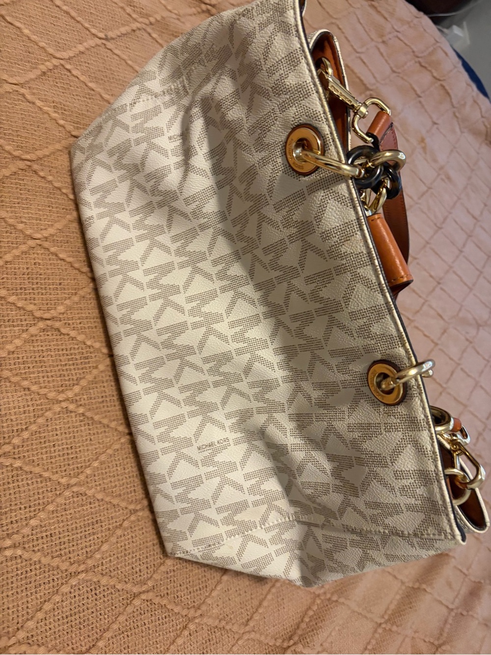 Michael Kors Cream White MK Logo Shoulder Tote with Brown Leather Straps - Picture 5 of 6